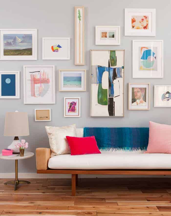 colorful gallery wall of abstract art